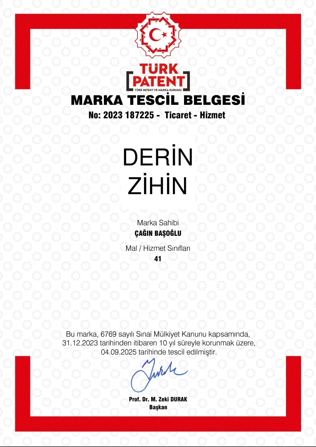 Derin Zihin Türk Patent marka tescil belgesi