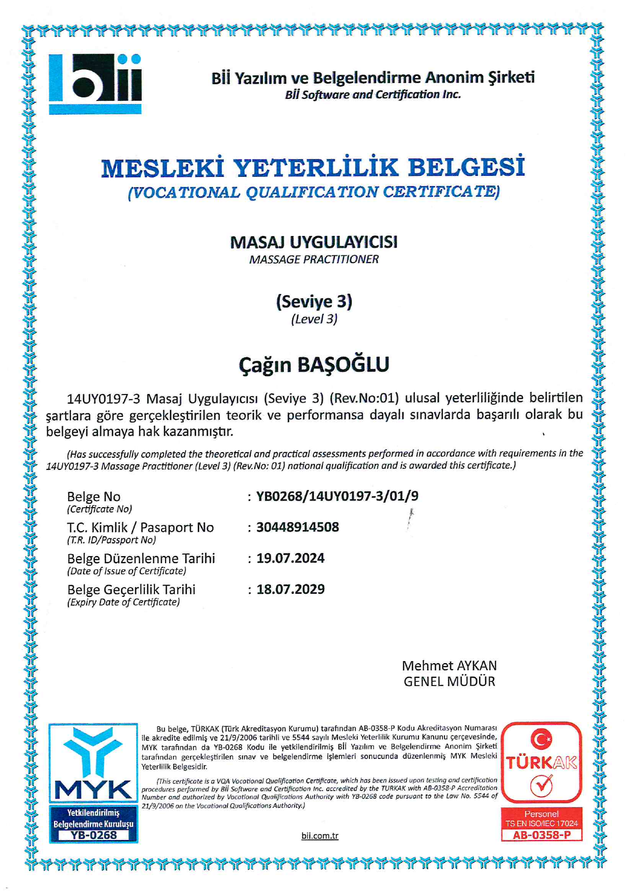 MYK Masaj Uygulayıcısı Seviye 3 mesleki yeterlilik belgesi ön sayfası