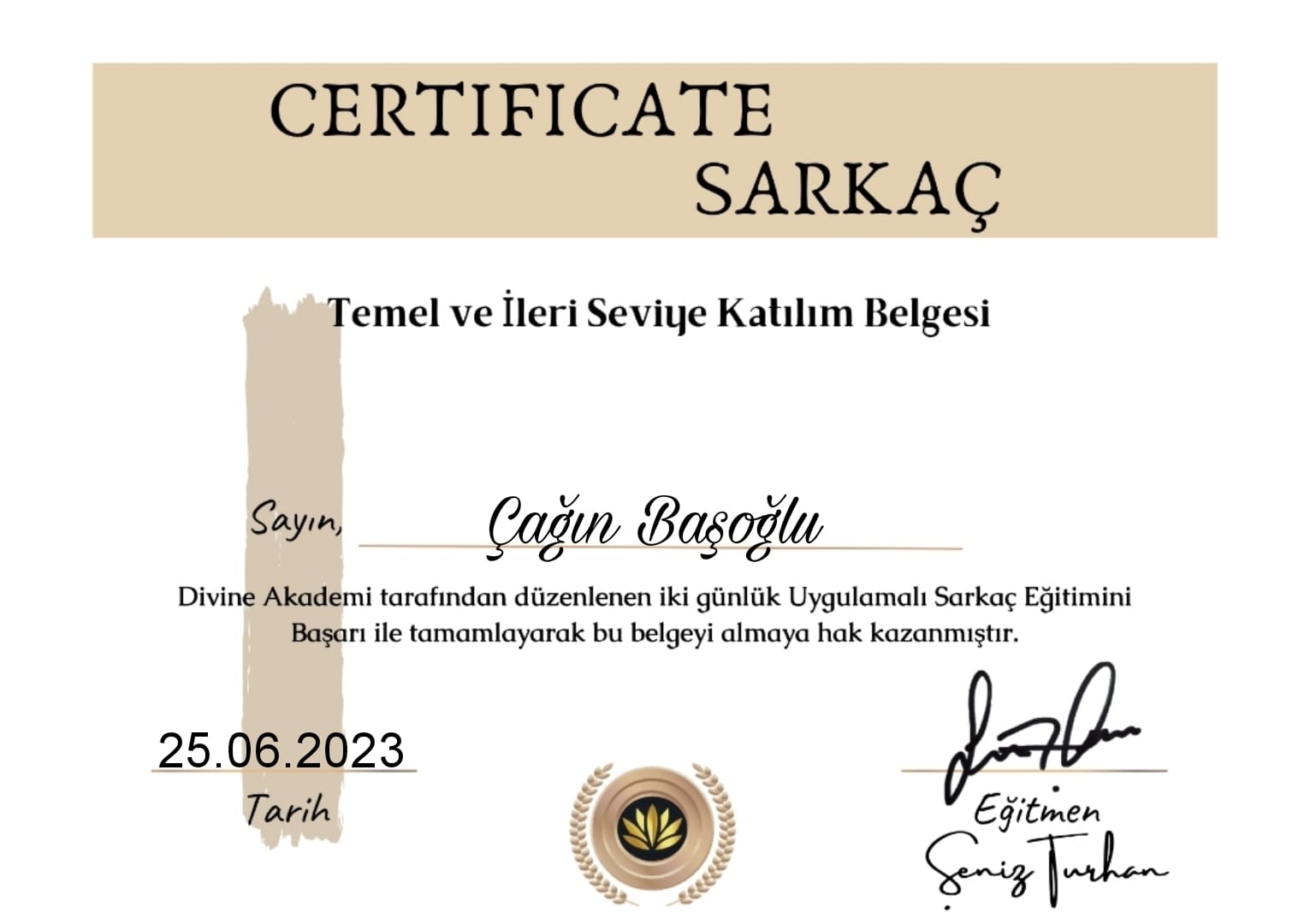 Temel ve ileri seviye sarkaç eğitimi katılım belgesi